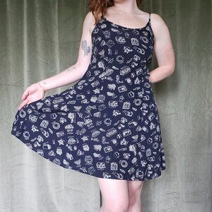 Vintage Coastal Preppy Femi Western Blue Silk Mini Summer Dress W/ Garden Print